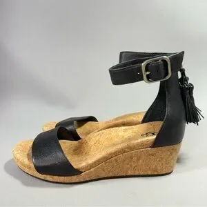 UGG | Shoes | Ugg Zoe Black Leather Cork Wedge Zip Sandals  display picture 2